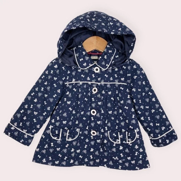 Mayoral coat Baby Chic hooded navy blue with bow print size 12 months - Picture 1 of 11